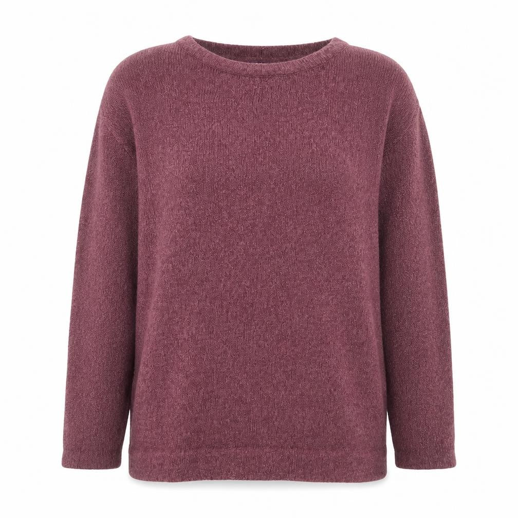Front view of Damart women’s purple crew neck acrylic jumper, size UK 14