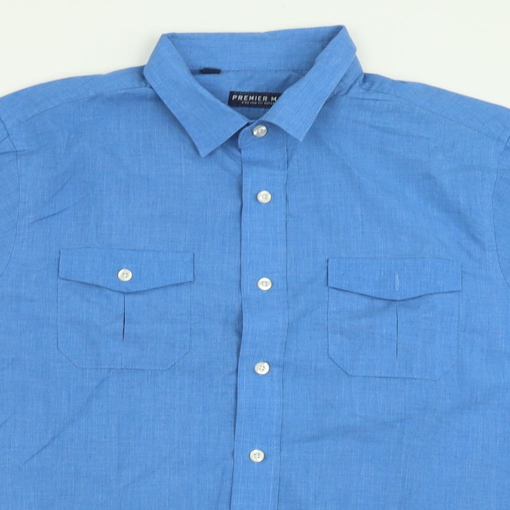 Mens UK Size M Premier MAN Blue  Button-Up Short Sleeve Casual Shirt