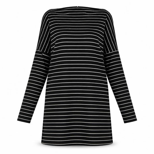 Front view of F&F women’s black striped polyester a-line, size UK 8, crew neck pullover