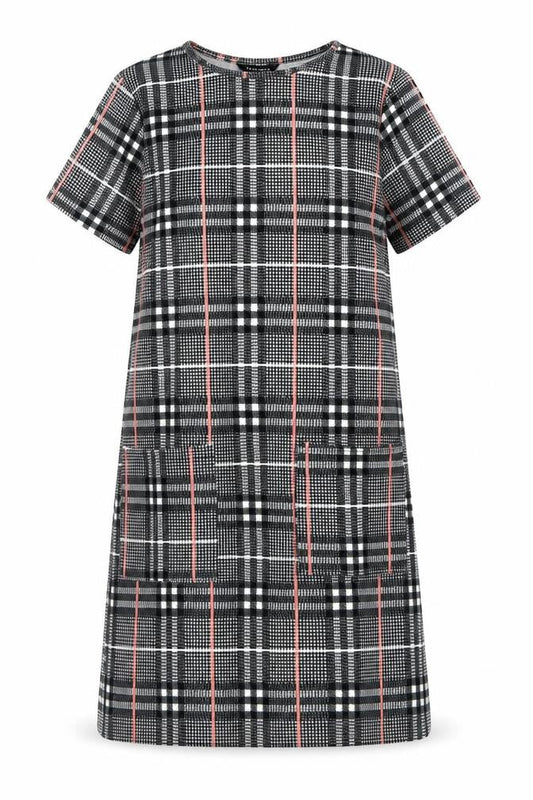 Front view of Peacocks women’s grey check polyester a-line, size UK 8, crew neck pullover