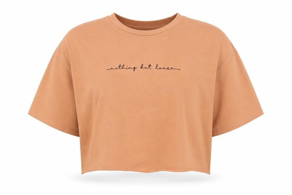 Front view of Topshop women’s orange cotton cropped t-shirt, size UK 6, crew neck