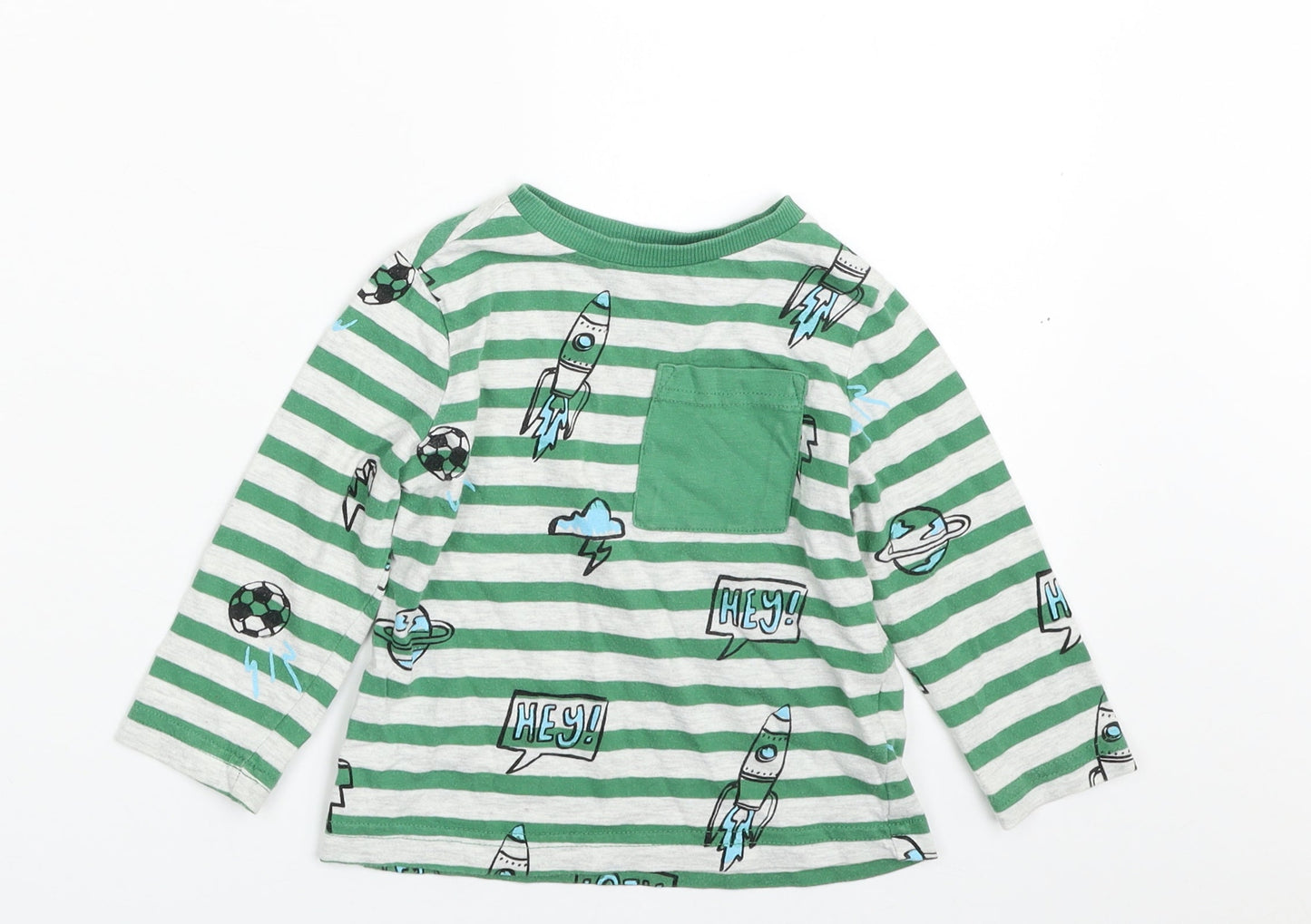 F&F Boys Green Striped Cotton Pullover T-Shirt Size 12-18 Months Crew Neck Pullover - Football