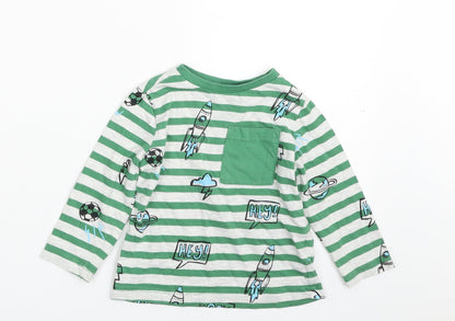 F&F Boys Green Striped Cotton Pullover T-Shirt Size 12-18 Months Crew Neck Pullover - Football