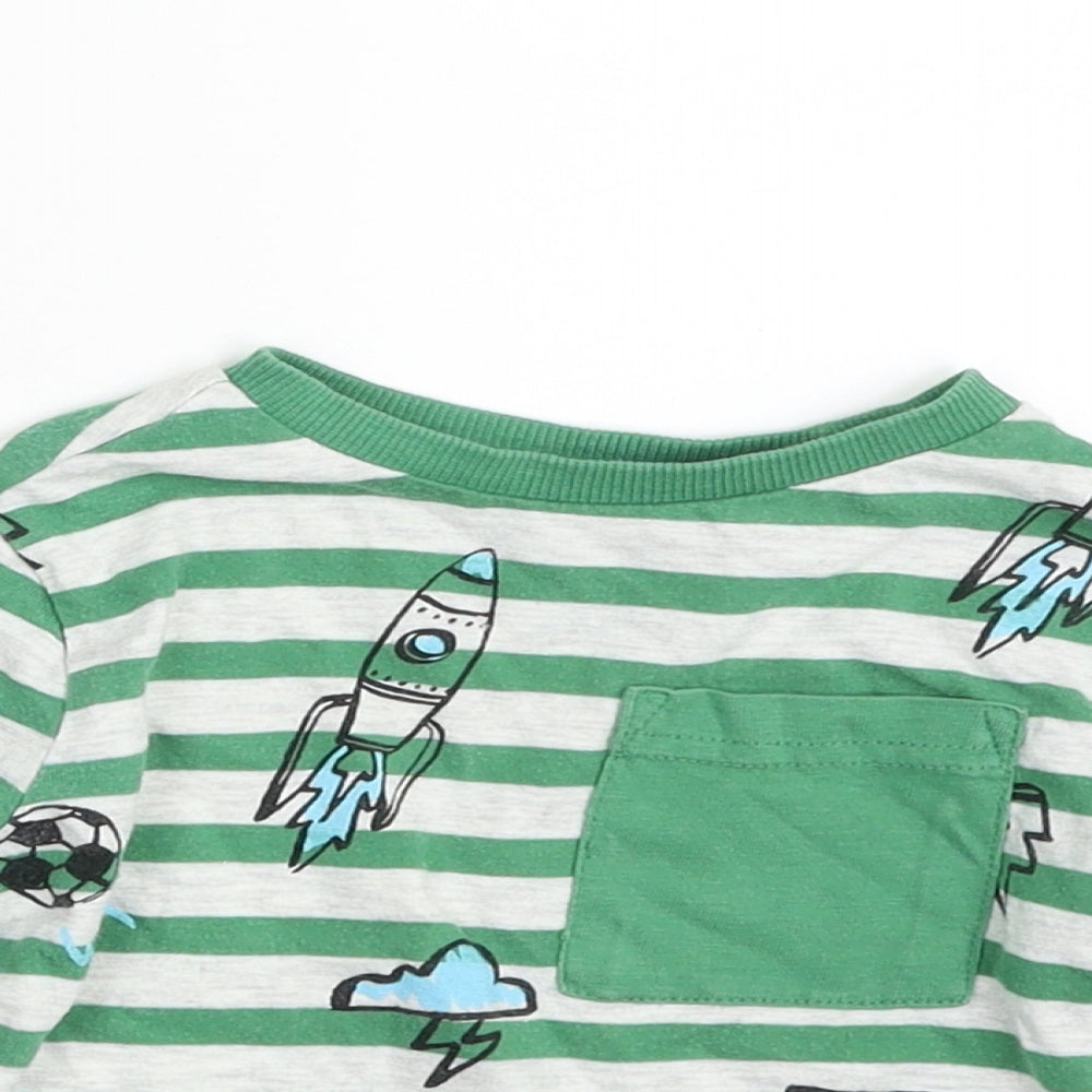 F&F Boys Green Striped Cotton Pullover T-Shirt Size 12-18 Months Crew Neck Pullover - Football
