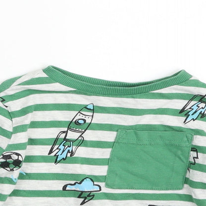 F&F Boys Green Striped Cotton Pullover T-Shirt Size 12-18 Months Crew Neck Pullover - Football