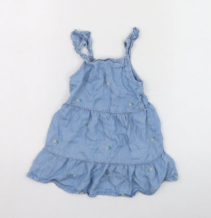 Primark Girls Blue  Lyocell Skater Dress  Size 24 Months  Square Neck Pullover - Flower