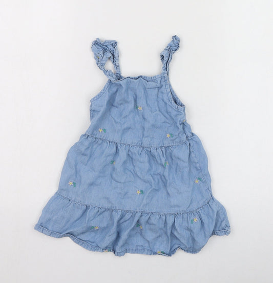 Primark Girls Blue  Lyocell Skater Dress  Size 24 Months  Square Neck Pullover - Flower