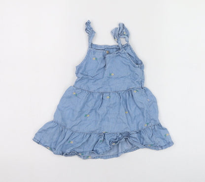 Primark Girls Blue  Lyocell Skater Dress  Size 24 Months  Square Neck Pullover - Flower