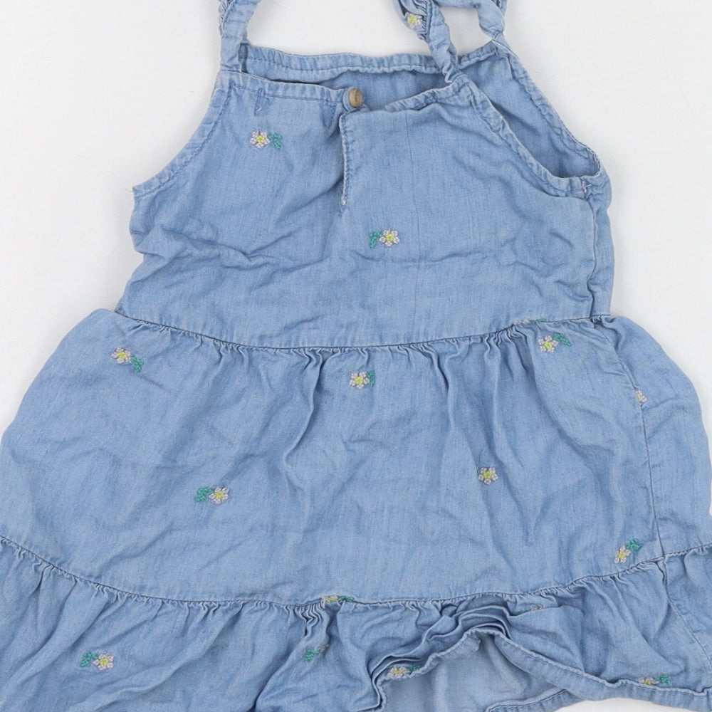 Primark Girls Blue  Lyocell Skater Dress  Size 24 Months  Square Neck Pullover - Flower