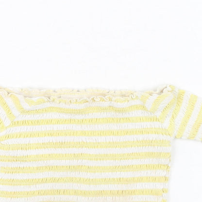 Close-up detail of Primark girls’ striped cotton basic t-shirt, size 3-4, years square neck pullover