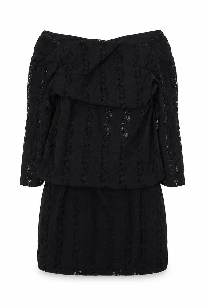 Front view of Style Collection women’s black nylon pencil dress, size M, square neck button