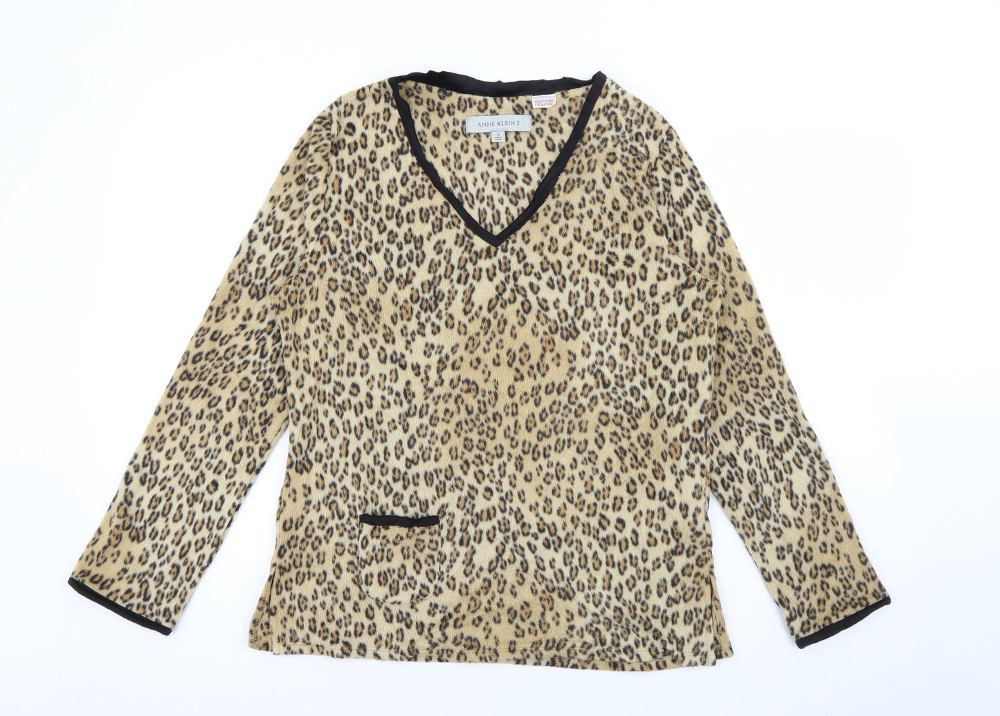 Anne Klein 2 Womens Beige V-Neck Animal Print Polyester Pullover Jumper Size M