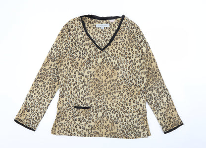Anne Klein 2 Womens Beige V-Neck Animal Print Polyester Pullover Jumper Size M