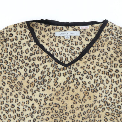 Anne Klein 2 Womens Beige V-Neck Animal Print Polyester Pullover Jumper Size M