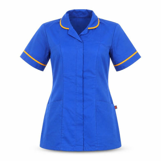 Front view of Dimensions women’s blue cotton tunic t-shirt, size UK 10, collared