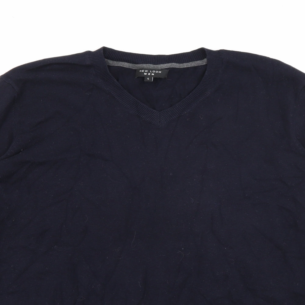 New Look Mens Blue V-Neck  Cotton Pullover Jumper Size L