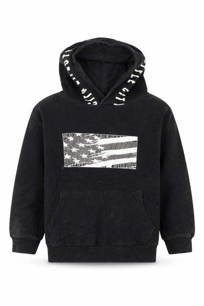 Front view of Zara boys’ black cotton pullover hoodie, size 6, years pullover - usa