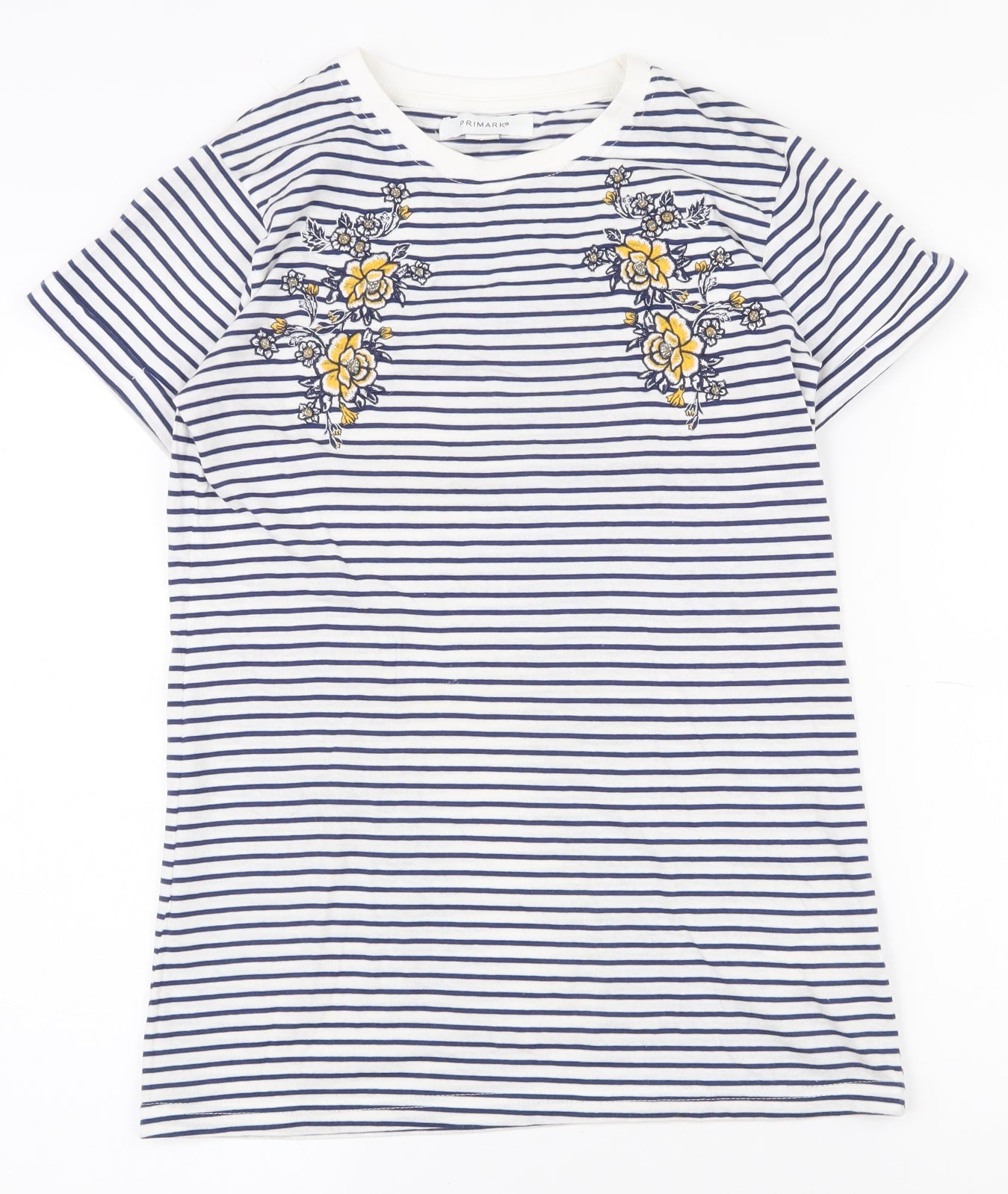 Primark Womens White Striped 100% Cotton Basic T-Shirt Size 6 Round Neck