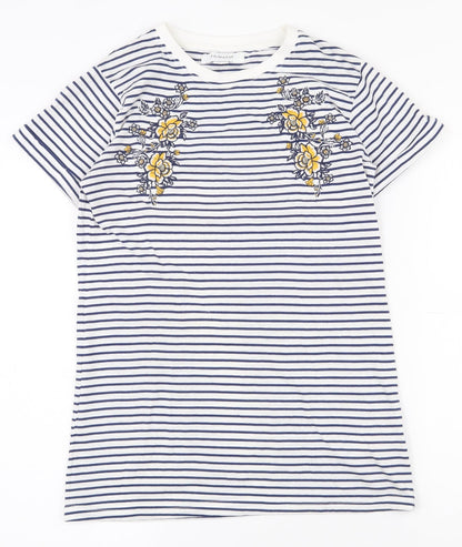 Primark Womens White Striped 100% Cotton Basic T-Shirt Size 6 Round Neck