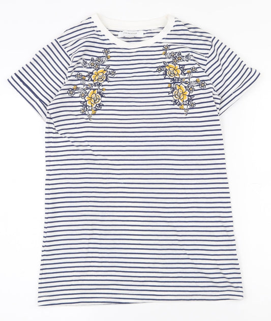 Primark Womens White Striped 100% Cotton Basic T-Shirt Size 6 Round Neck