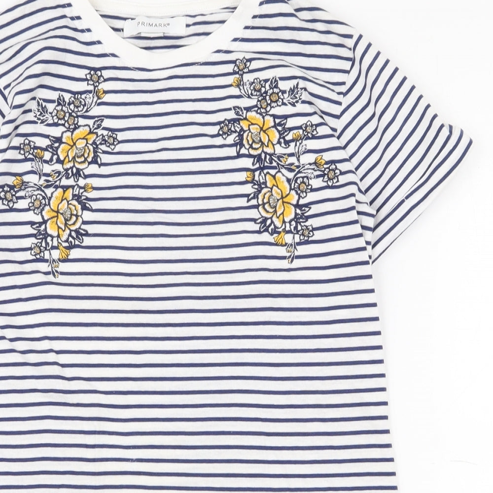 Primark Womens White Striped 100% Cotton Basic T-Shirt Size 6 Round Neck