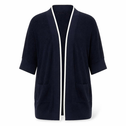 Front view of Retrology women’s blue v-neck acrylic cardigan jumper, size L