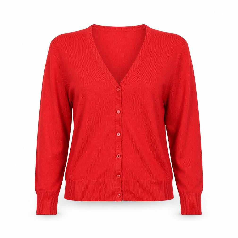 Front view of Fay Louise women’s red v-neck acrylic cardigan jumper, size M
