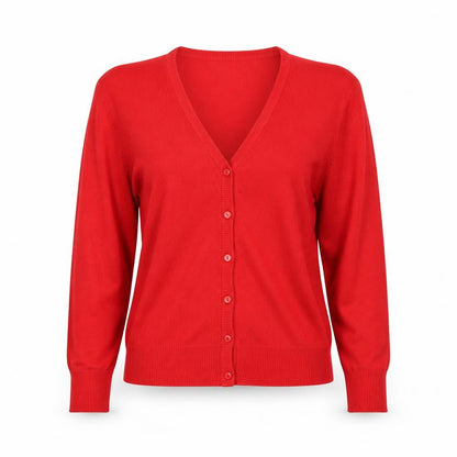 Front view of Fay Louise women’s red v-neck acrylic cardigan jumper, size M
