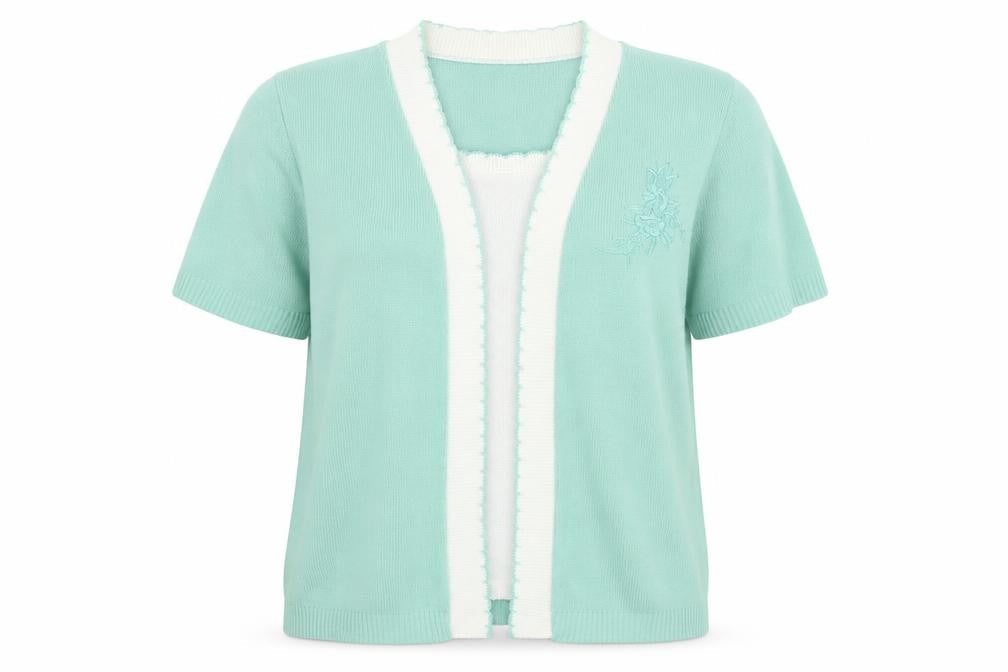 Front view of Pure & Natural women’s green v-neck acrylic cardigan jumper, size L