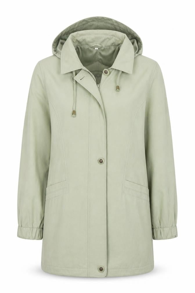 Front view of Image Creation women’s green trench coat coat, size UK 12, zip