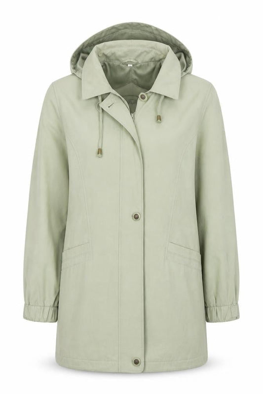 Front view of Image Creation women’s green trench coat coat, size UK 12, zip