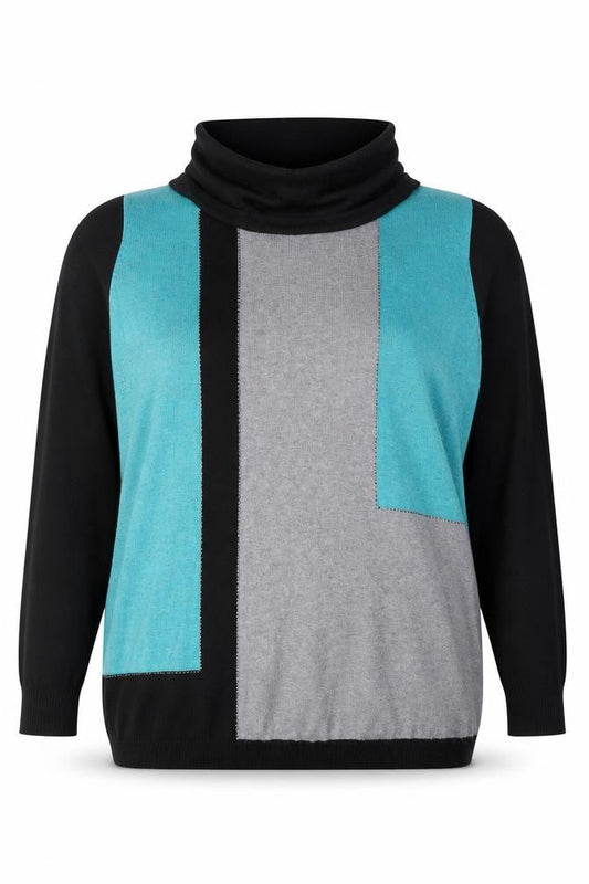 Front view of Roman women’s black colourblock acrylic basic blouse, size UK 20, roll neck