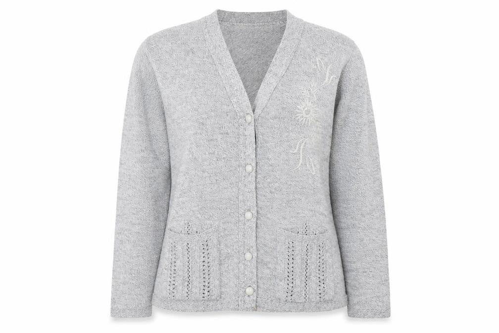Front view of Florida women’s grey v-neck acrylic cardigan jumper, size S
