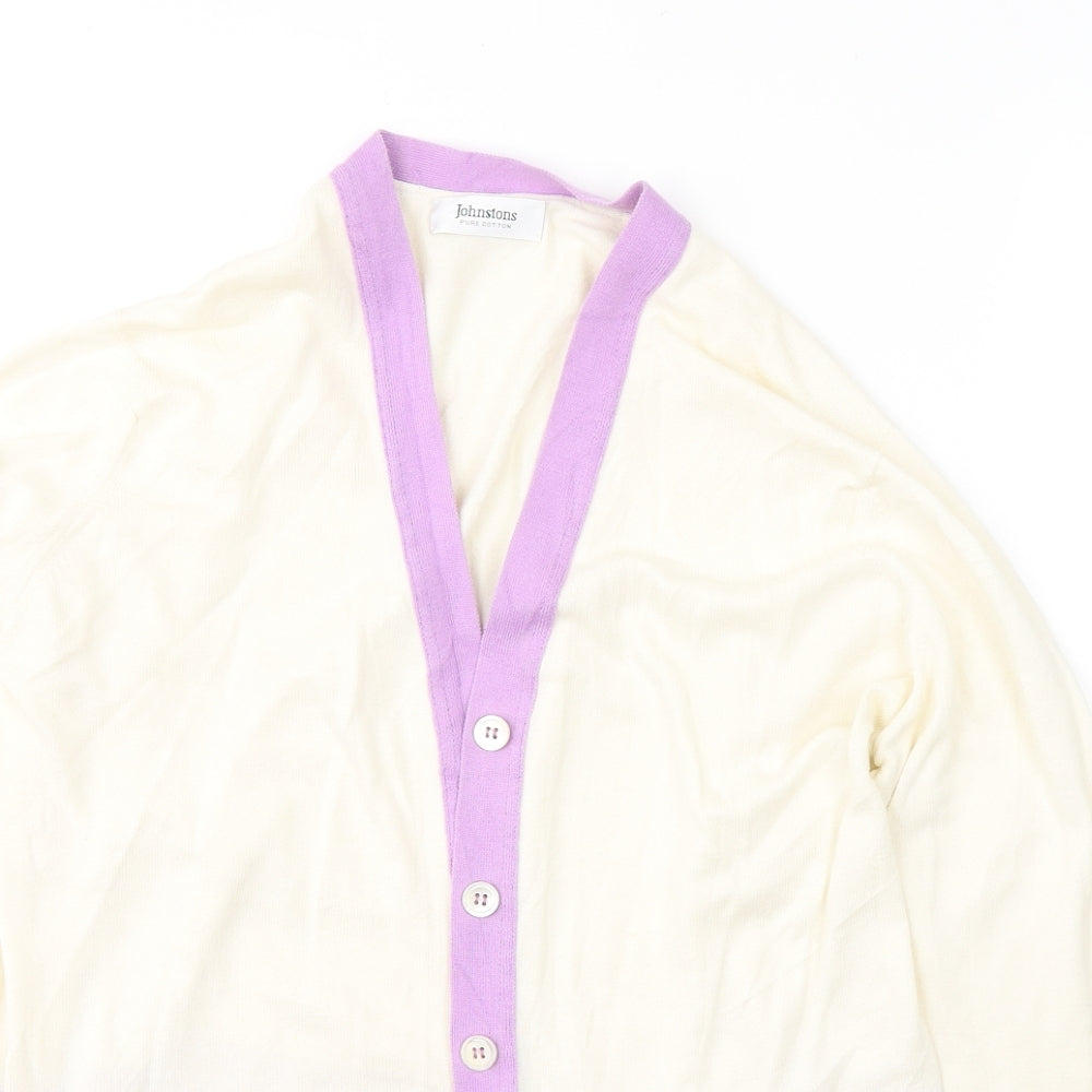 Johnstons Womens Ivory V-Neck Striped Cotton Cardigan Jumper Size XL