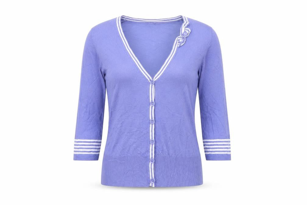 Front view of Sarah Hamilton women’s purple v-neck viscose cardigan jumper, size M