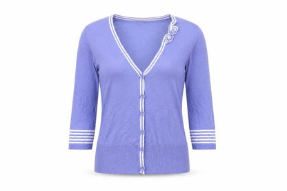 Front view of Sarah Hamilton women’s purple v-neck viscose cardigan jumper, size M