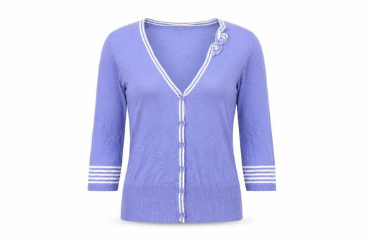 Front view of Sarah Hamilton women’s purple v-neck viscose cardigan jumper, size M
