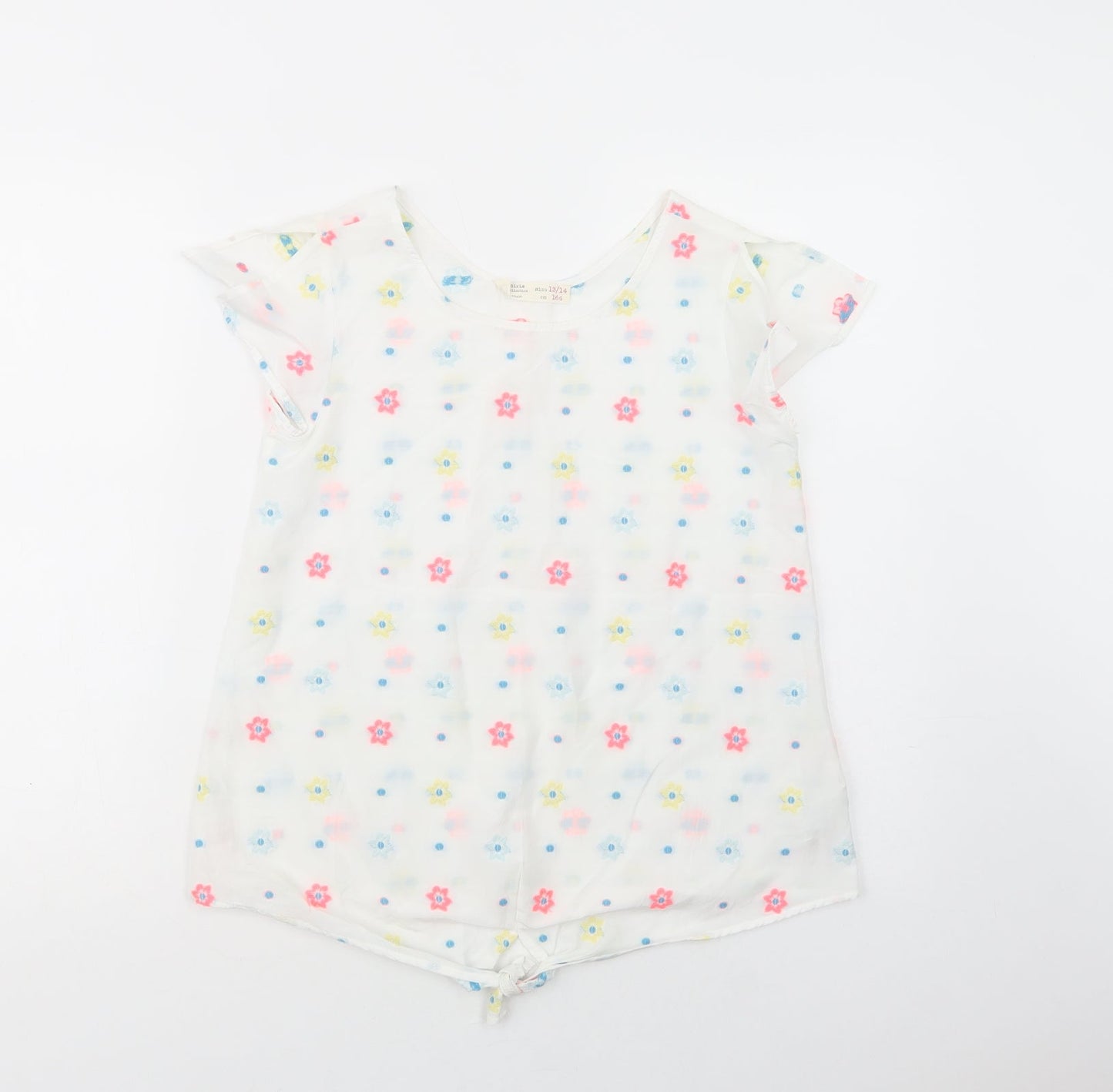 Zara Girls White Floral Cotton Basic Blouse Size 13-14 Years Crew Neck Pullover