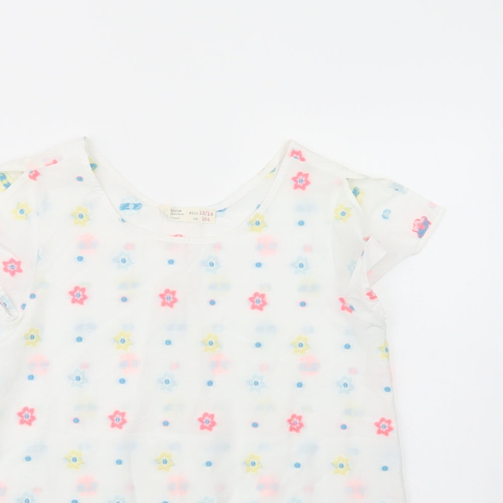 Zara Girls White Floral Cotton Basic Blouse Size 13-14 Years Crew Neck Pullover