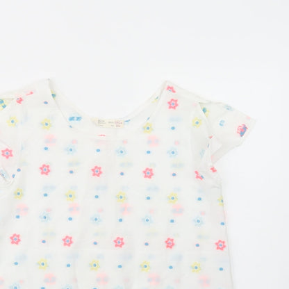 Zara Girls White Floral Cotton Basic Blouse Size 13-14 Years Crew Neck Pullover