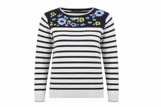Front view of Isle women’s grey crew neck striped acrylic jumper, size UK 14