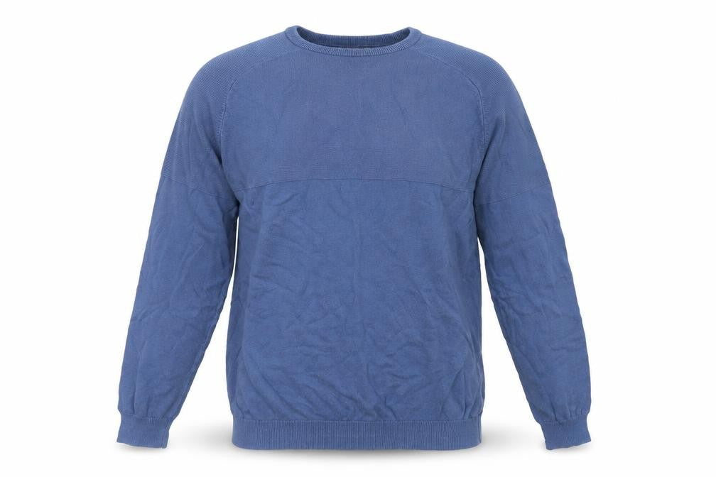 Front view of Studio men’s blue crew neck cotton jumper, size L