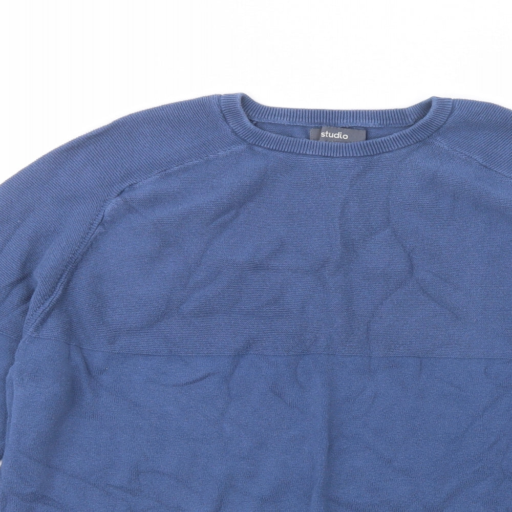 Close-up detail of Studio men’s blue crew neck cotton jumper, size L