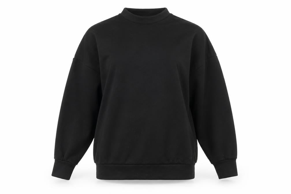 Front view of Boohoo women’s black polyester pullover sweatshirt, size UK 12, pullover