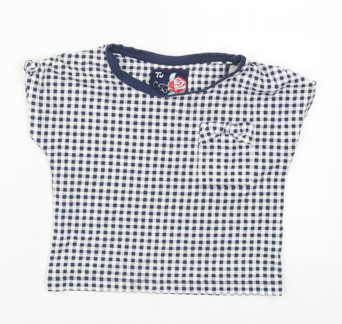 TU Girls Blue Check Cotton Basic T-Shirt Size 6 Years Crew Neck Pullover