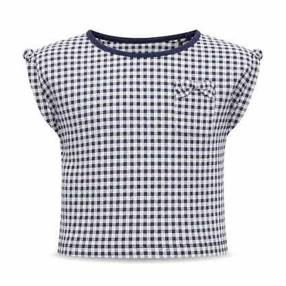 Front view of Tu girls’ blue check cotton basic t-shirt, size 6, years crew neck pullover