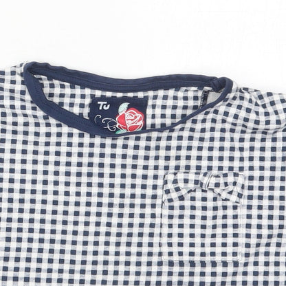 TU Girls Blue Check Cotton Basic T-Shirt Size 6 Years Crew Neck Pullover