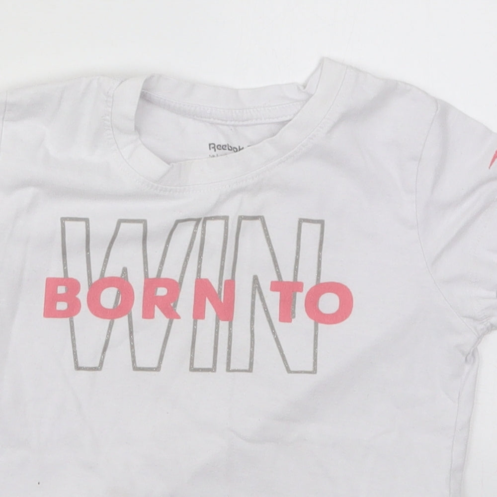 Reebok Girls White  Cotton Basic T-Shirt Size 7-8 Years Crew Neck Pullover - Born to Win
