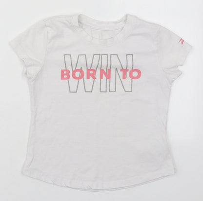 Reebok Girls White  Cotton Basic T-Shirt Size 7-8 Years Crew Neck Pullover - Born to Win