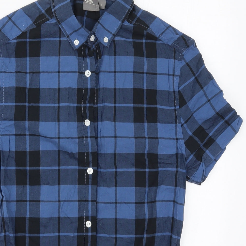 ASOS Mens Blue Check Cotton  Button-Up Size S Collared Button